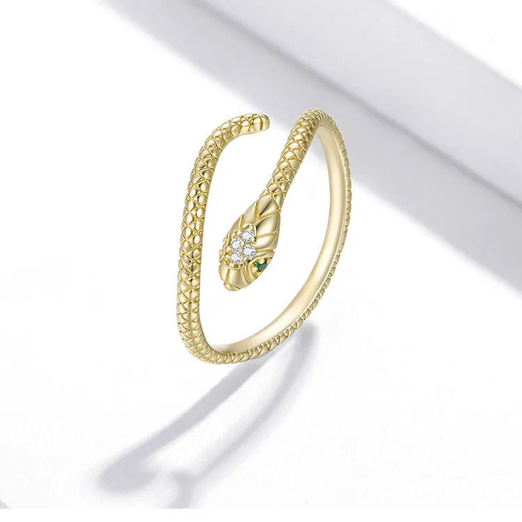 S925 silver adjustable snake ring with electroplated gold finish and diamond cut surface