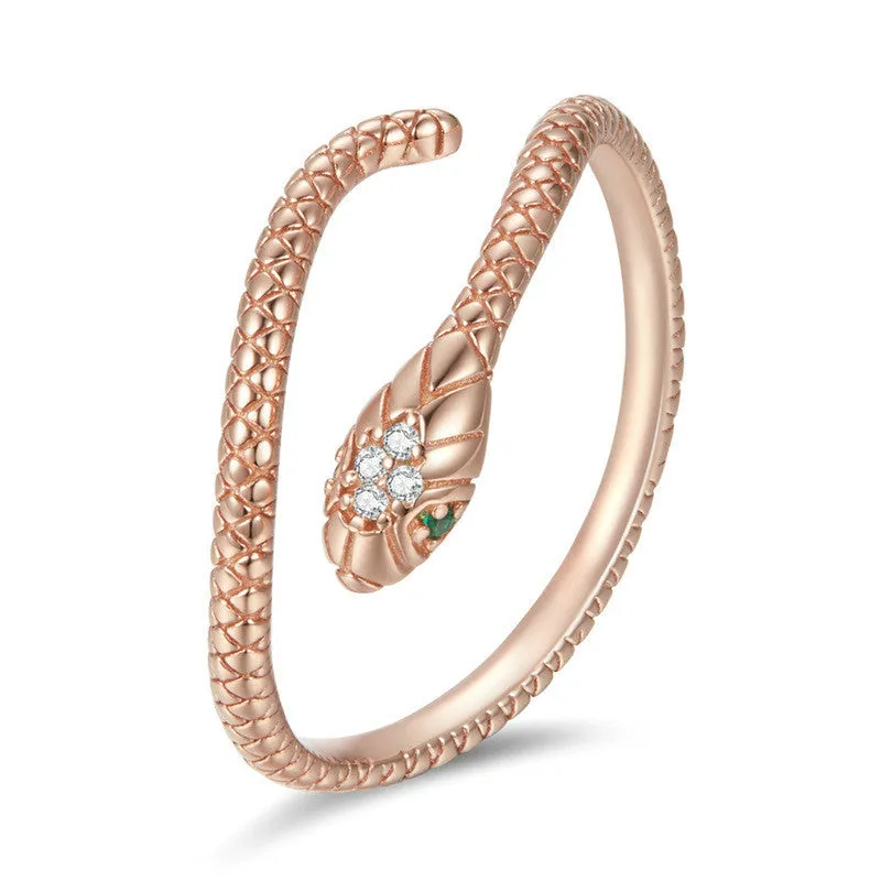 S925 silver adjustable snake ring with electroplated gold finish and diamond cut surface