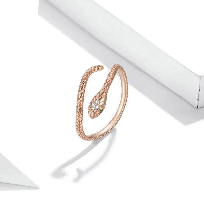 S925 silver adjustable snake ring with electroplated gold finish and diamond cut surface