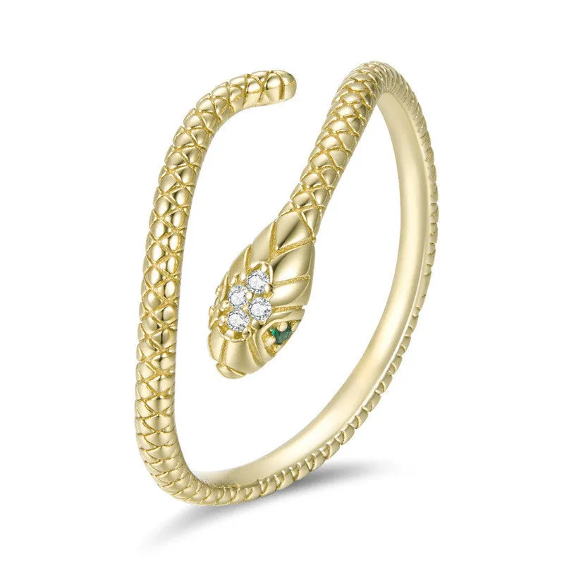S925 silver adjustable snake ring with electroplated gold finish and diamond cut surface