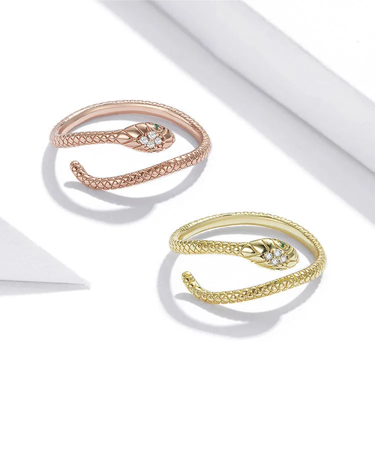 S925 silver adjustable snake ring with electroplated gold finish and diamond cut surface