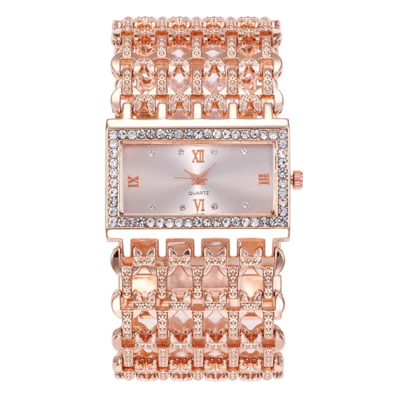 Women's steel band watch with square dial, Roman numerals, rhinestone details, and spiral crown in gold finish