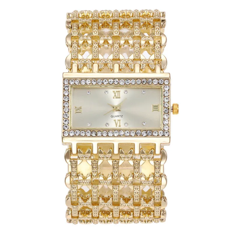 Women's steel band watch with square dial, Roman numerals, rhinestone details, and spiral crown in gold finish