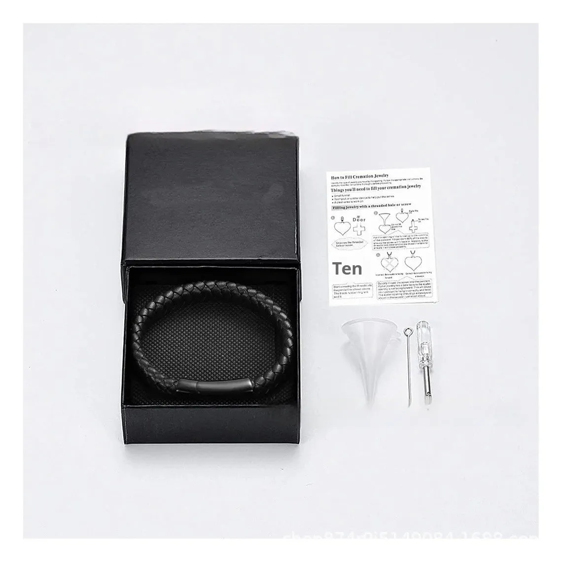 Men's black woven leather bracelet with a stainless steel casket capsule for remembrance.