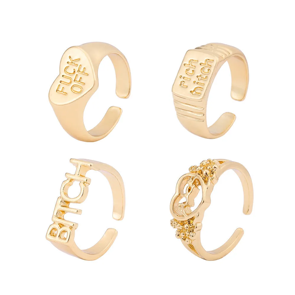 Four vintage alloy heart cutout letter rings in electroplated JH1084 colour set