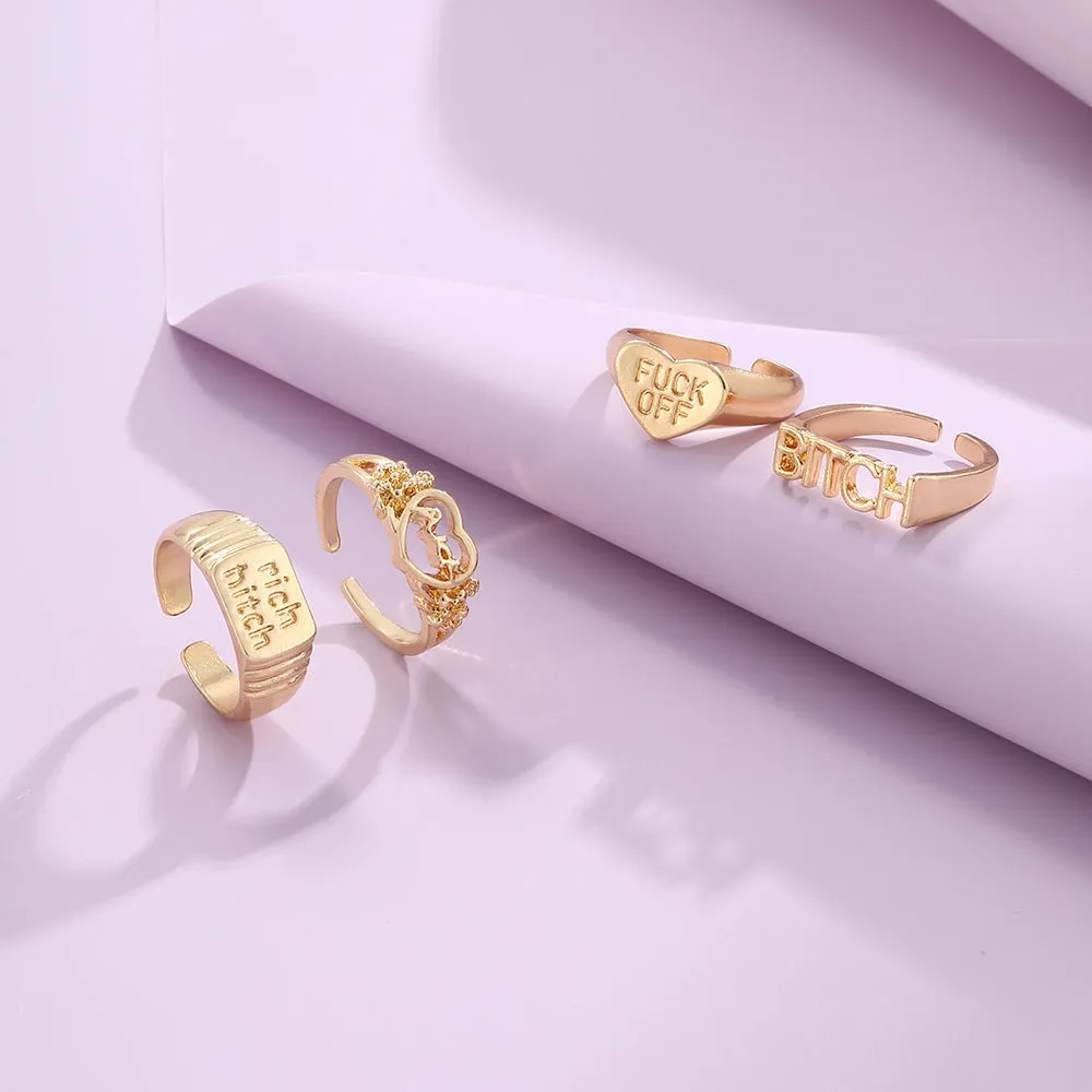 Four vintage alloy heart cutout letter rings in electroplated JH1084 colour set