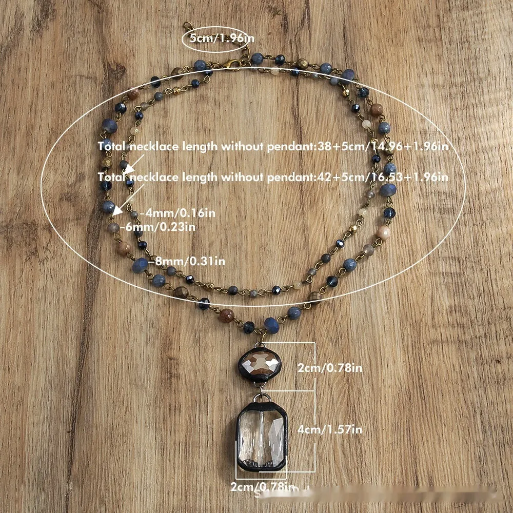 Tribal style necklace with glass stone pendant on two-layer adjustable chain