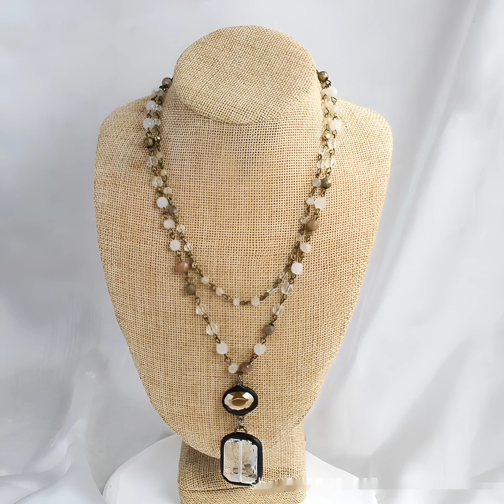 Tribal style necklace with glass stone pendant on two-layer adjustable chain