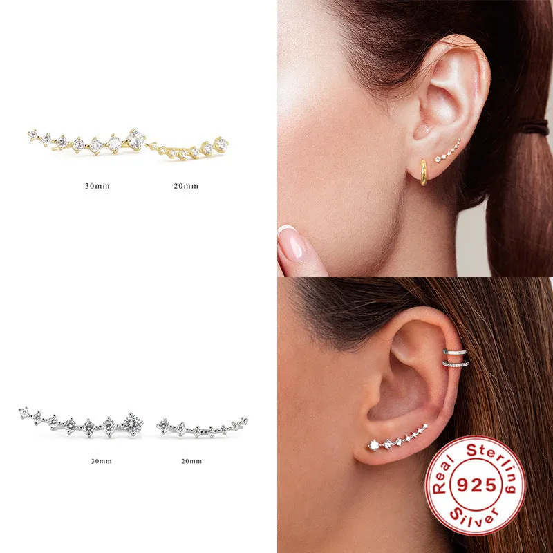 S925 sterling silver single row 7 stone diamond ear studs, geometric design, gold 20mm option