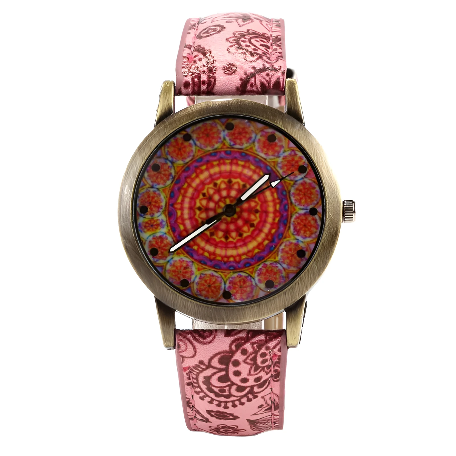 Creative fashion kaleidoscope quartz watch with alloy case, glass mirror, and PU strap