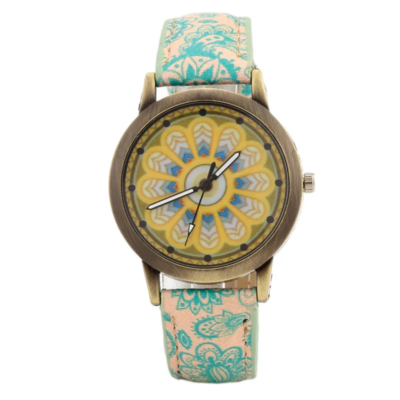Creative fashion kaleidoscope quartz watch with alloy case, glass mirror, and PU strap