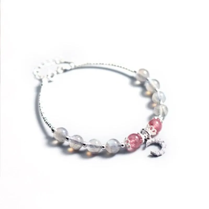 Handmade moonstone bracelet with crescent charm on adjustable extension chain