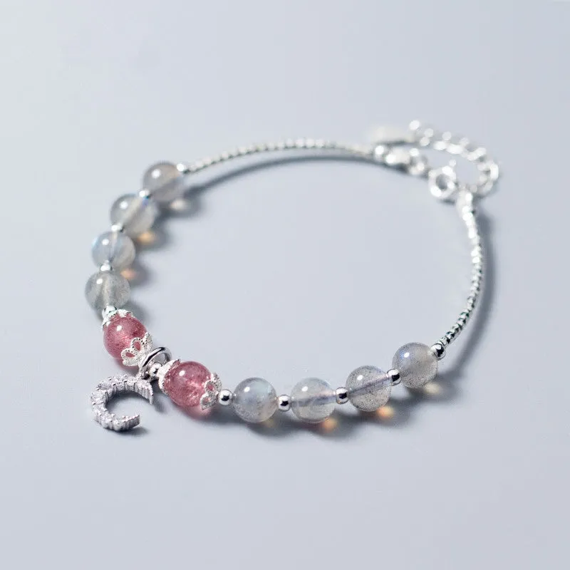 Handmade moonstone bracelet with crescent charm on adjustable extension chain