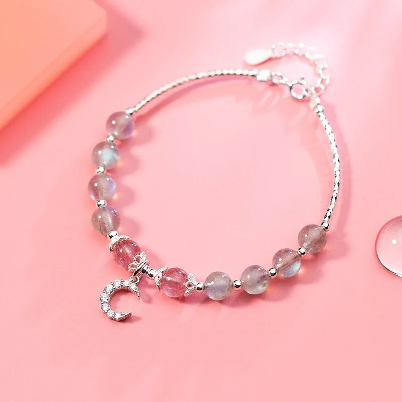 Handmade moonstone bracelet with crescent charm on adjustable extension chain