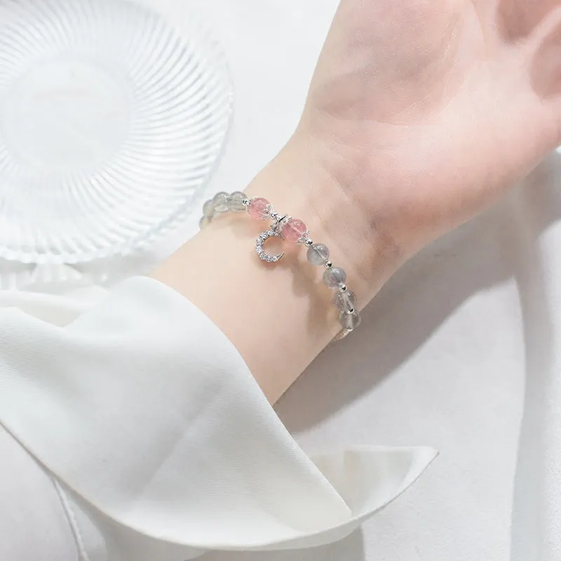 Handmade moonstone bracelet with crescent charm on adjustable extension chain