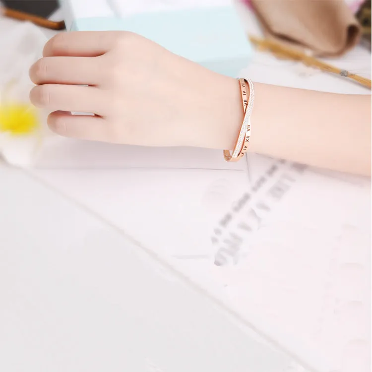 Women's rose gold titanium steel Roman word diamond bracelet with polished finish