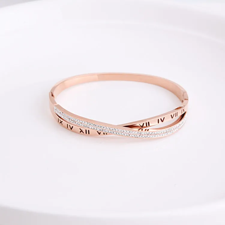 Women's rose gold titanium steel Roman word diamond bracelet with polished finish