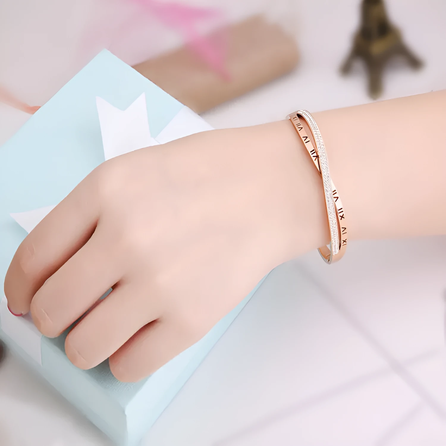 Women's rose gold titanium steel Roman word diamond bracelet with polished finish