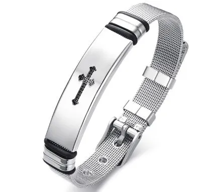 Meaeguet stainless steel cross charm bracelet for men with adjustable rope chain and toggle clasp