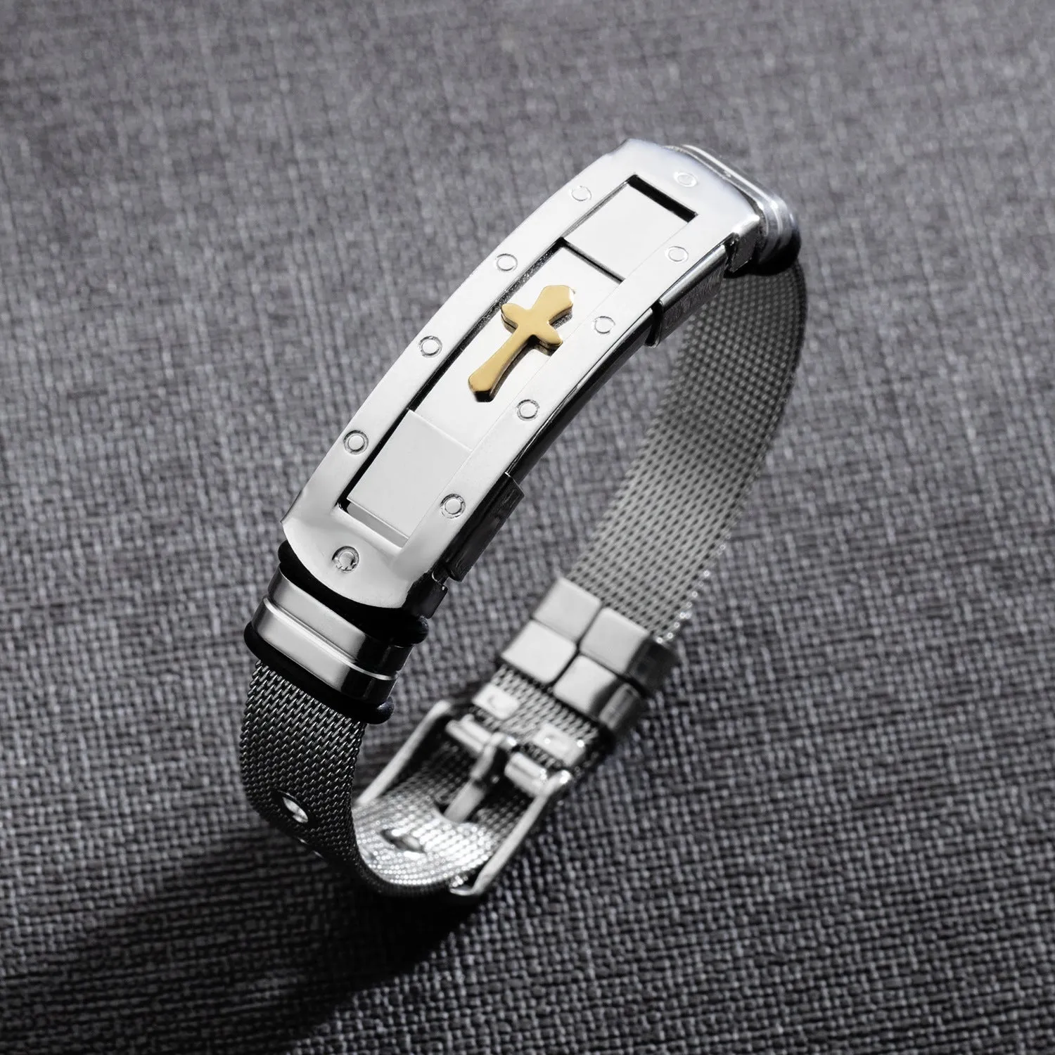 Meaeguet stainless steel cross charm bracelet for men with adjustable rope chain and toggle clasp