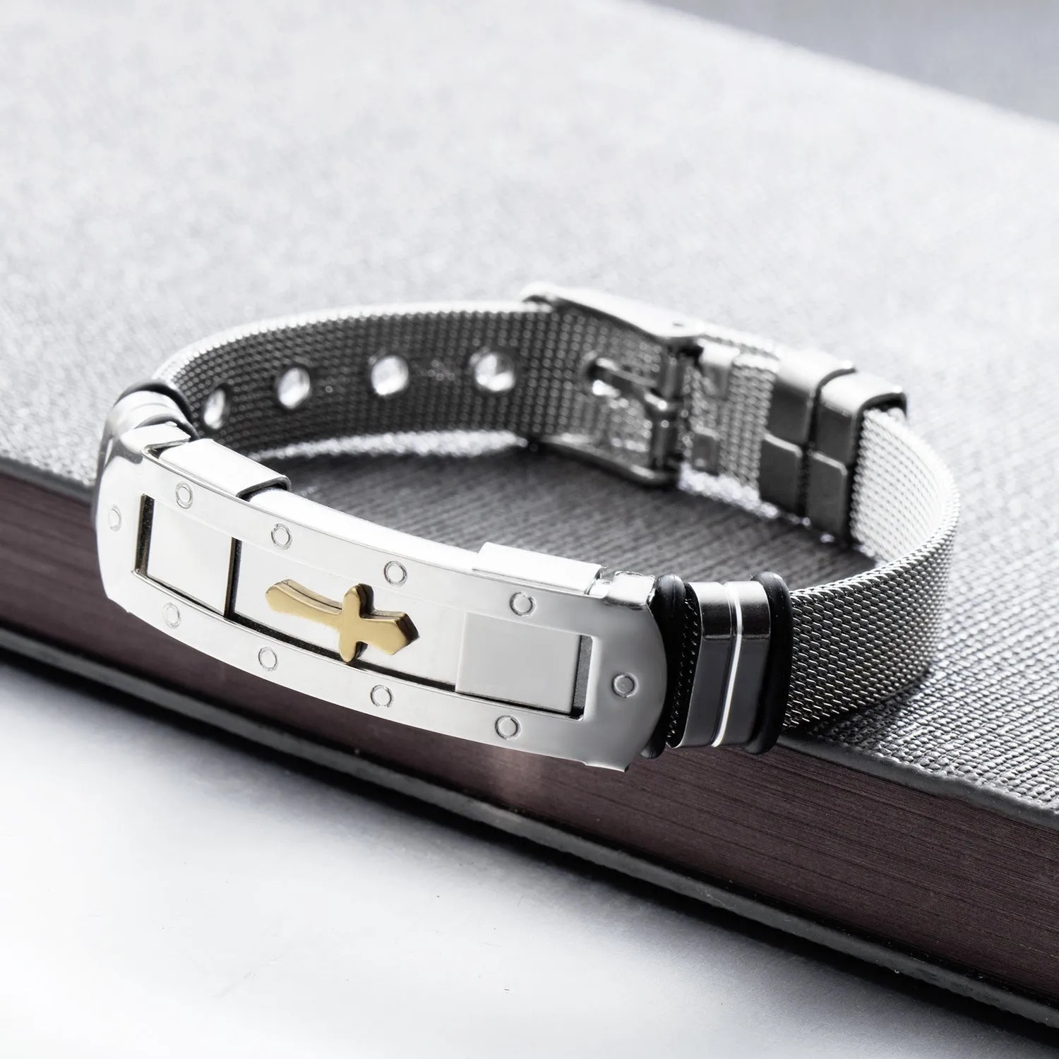 Meaeguet stainless steel cross charm bracelet for men with adjustable rope chain and toggle clasp