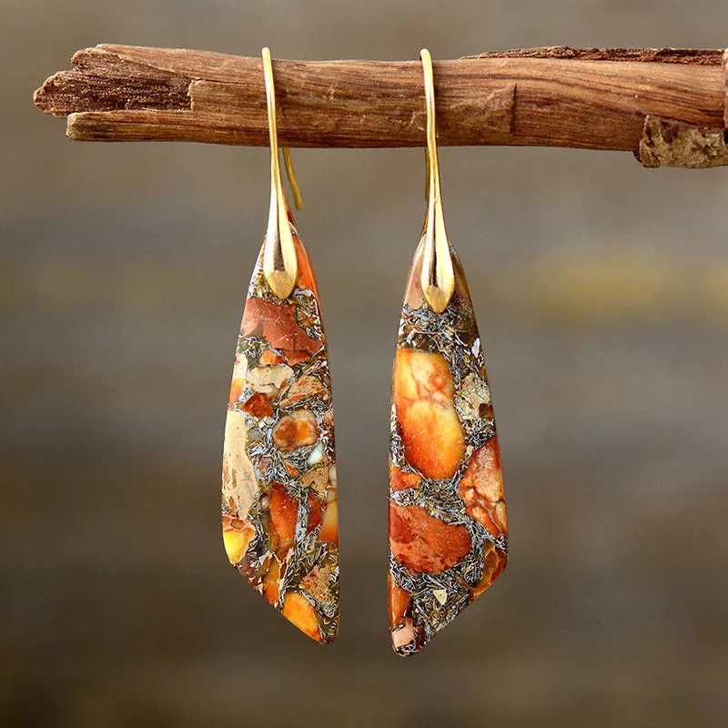 Bohemian emperor stone geometric pendant earrings with tassel and plaid details, shoushan gold colour option for women