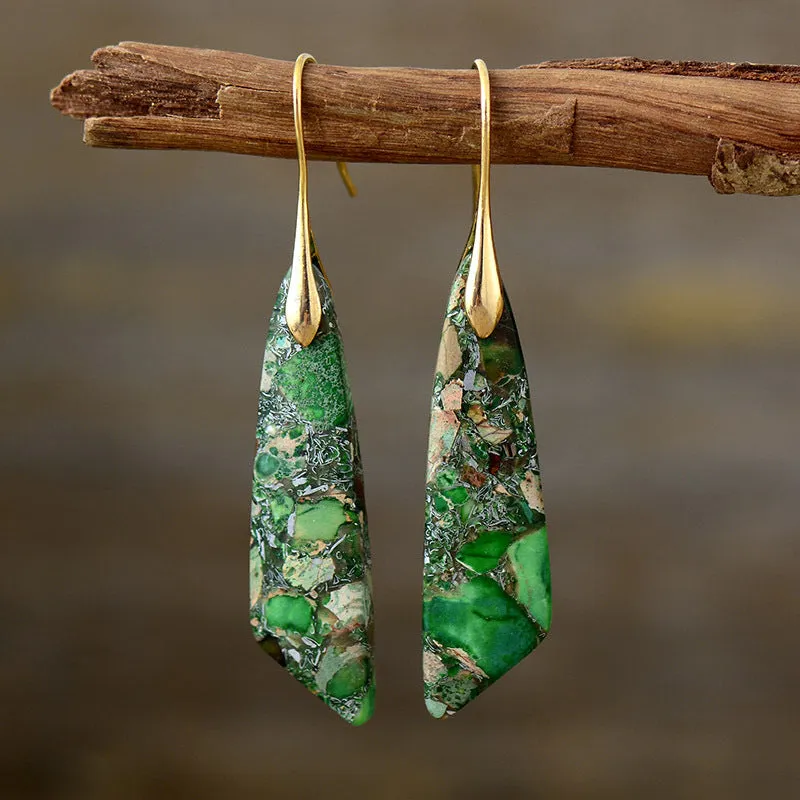 Bohemian emperor stone geometric pendant earrings with tassel and plaid details, shoushan gold colour option for women
