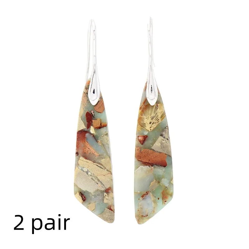Bohemian emperor stone geometric pendant earrings with tassel and plaid details, shoushan gold colour option for women