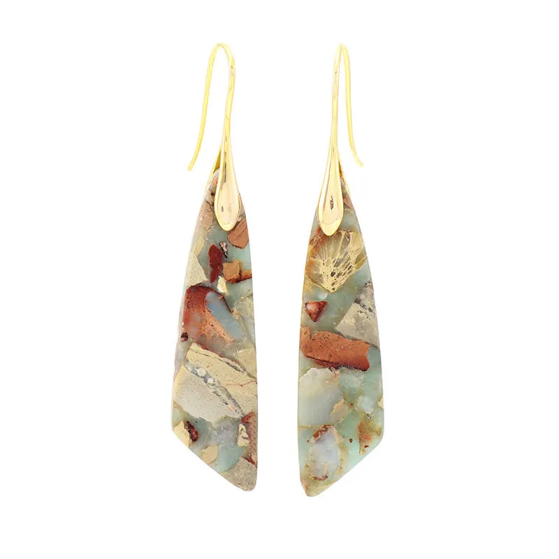 Bohemian emperor stone geometric pendant earrings with tassel and plaid details, shoushan gold colour option for women