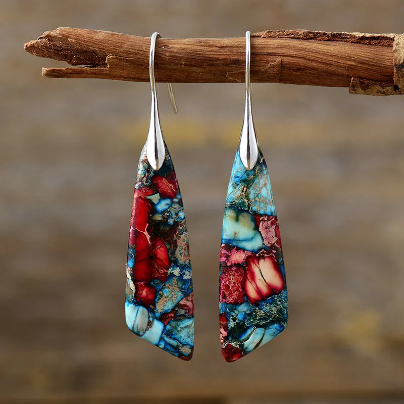 Bohemian emperor stone geometric pendant earrings with tassel and plaid details, shoushan gold colour option for women