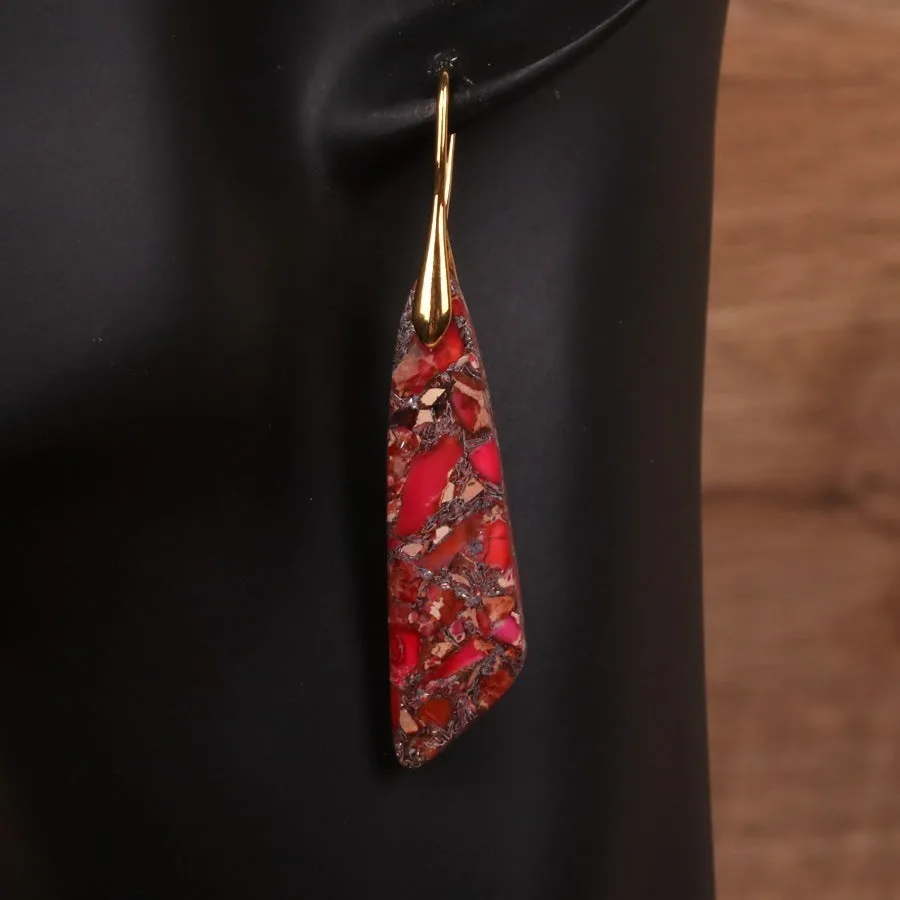 Bohemian emperor stone geometric pendant earrings with tassel and plaid details, shoushan gold colour option for women