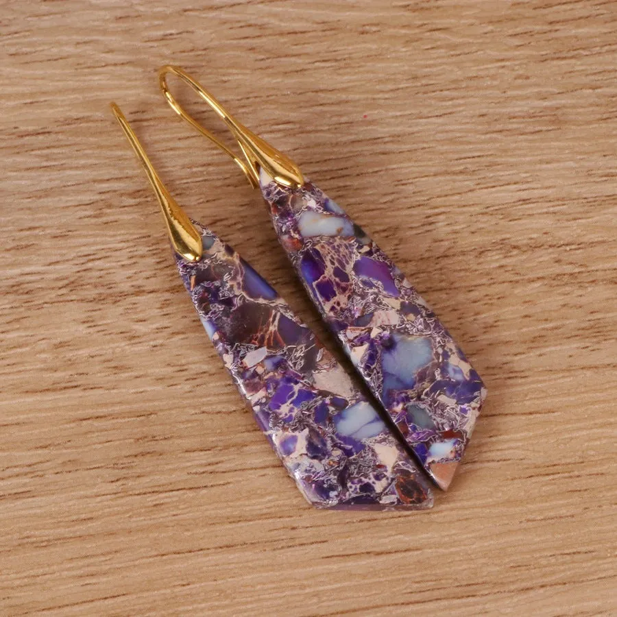 Bohemian emperor stone geometric pendant earrings with tassel and plaid details, shoushan gold colour option for women