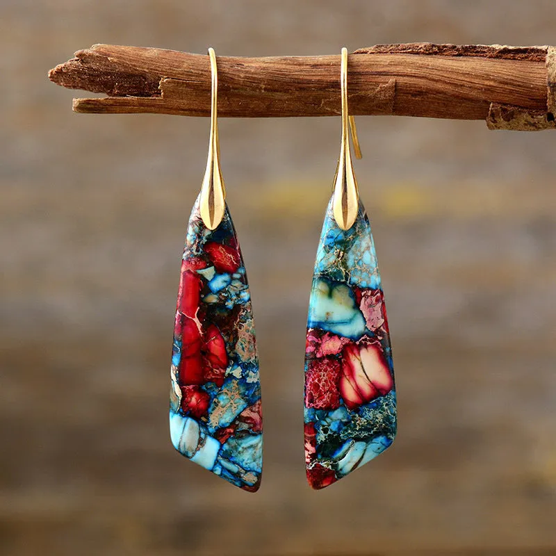 Bohemian emperor stone geometric pendant earrings with tassel and plaid details, shoushan gold colour option for women