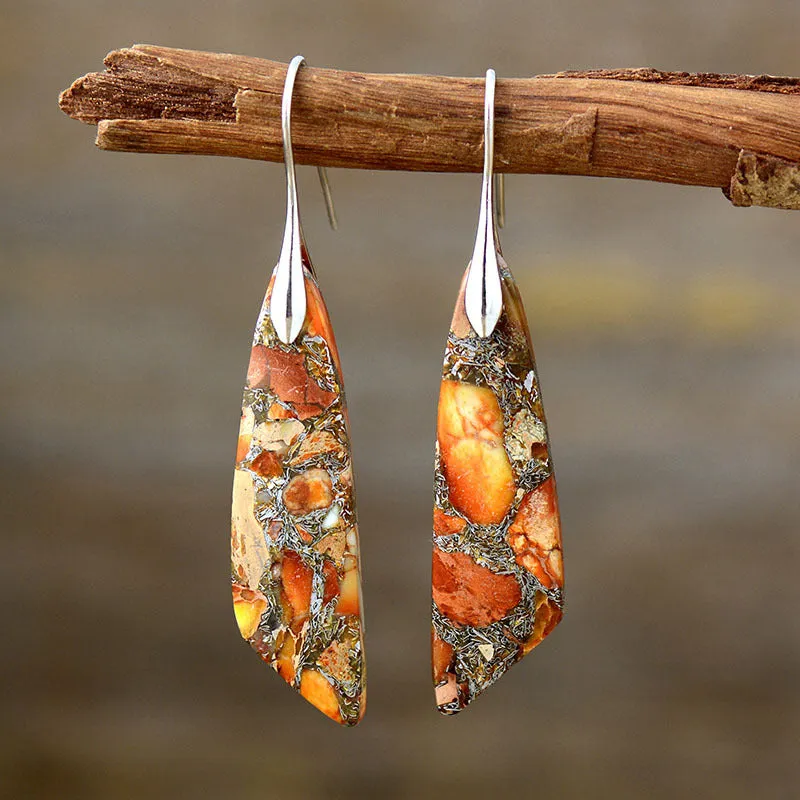 Bohemian emperor stone geometric pendant earrings with tassel and plaid details, shoushan gold colour option for women