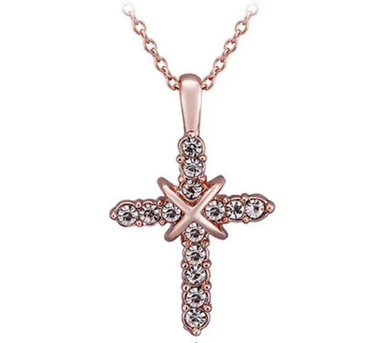 Studded Jesus cross pendant clavicle chain necklace in alloy with rose gold finish option