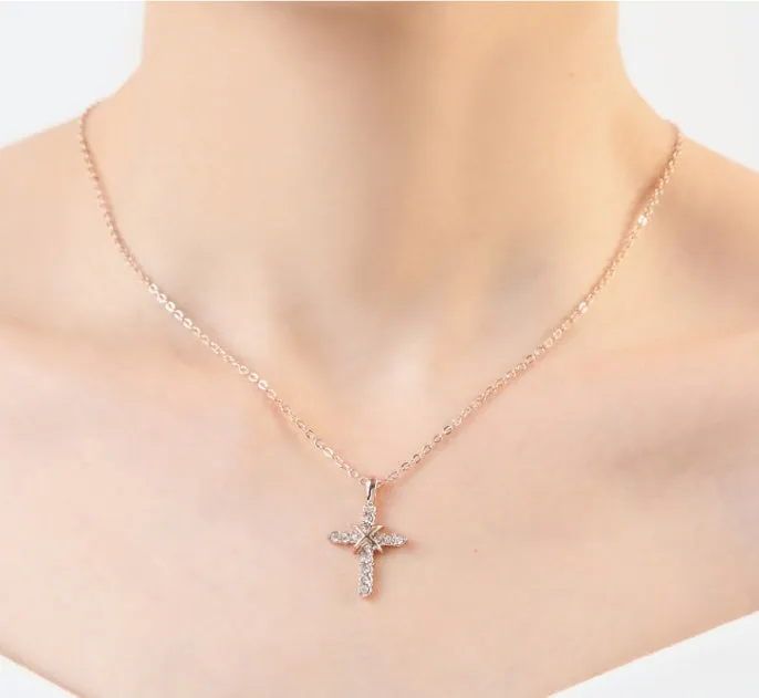 Studded Jesus cross pendant clavicle chain necklace in alloy with rose gold finish option