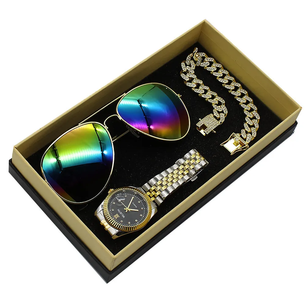 Men's steel bracelet watch with gold accents and matching sunglasses in gift box set