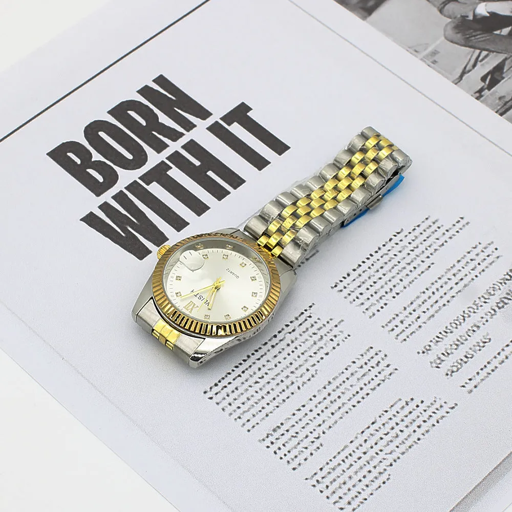 Men's steel bracelet watch with gold accents and matching sunglasses in gift box set