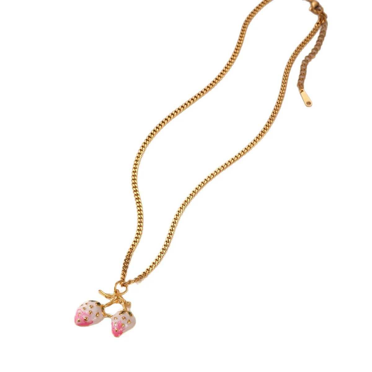 Stainless steel strawberry pendant necklace on an alloy chain, shown in red and white gradient colour options.