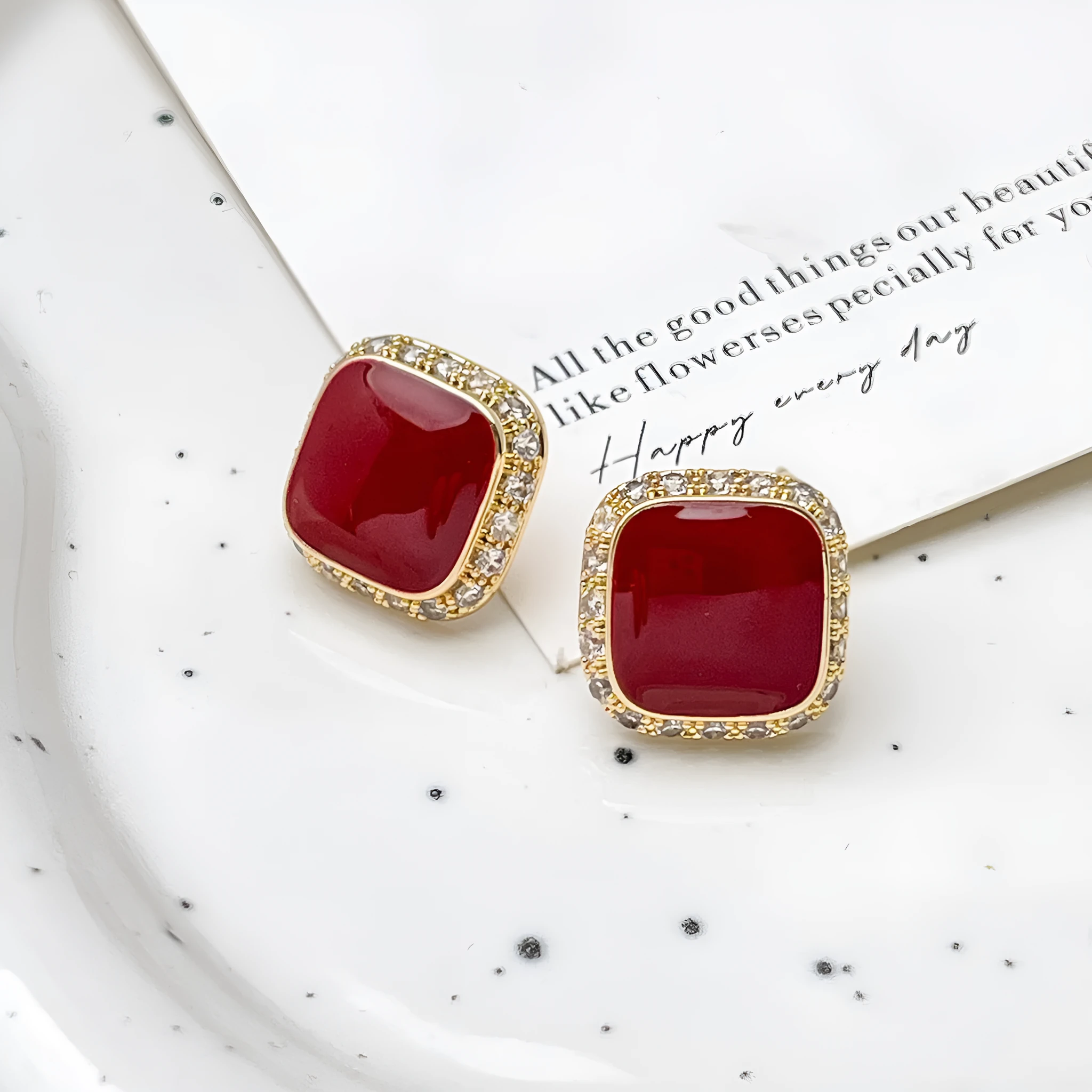 Retro red square geometric earrings with simple inlaid design
