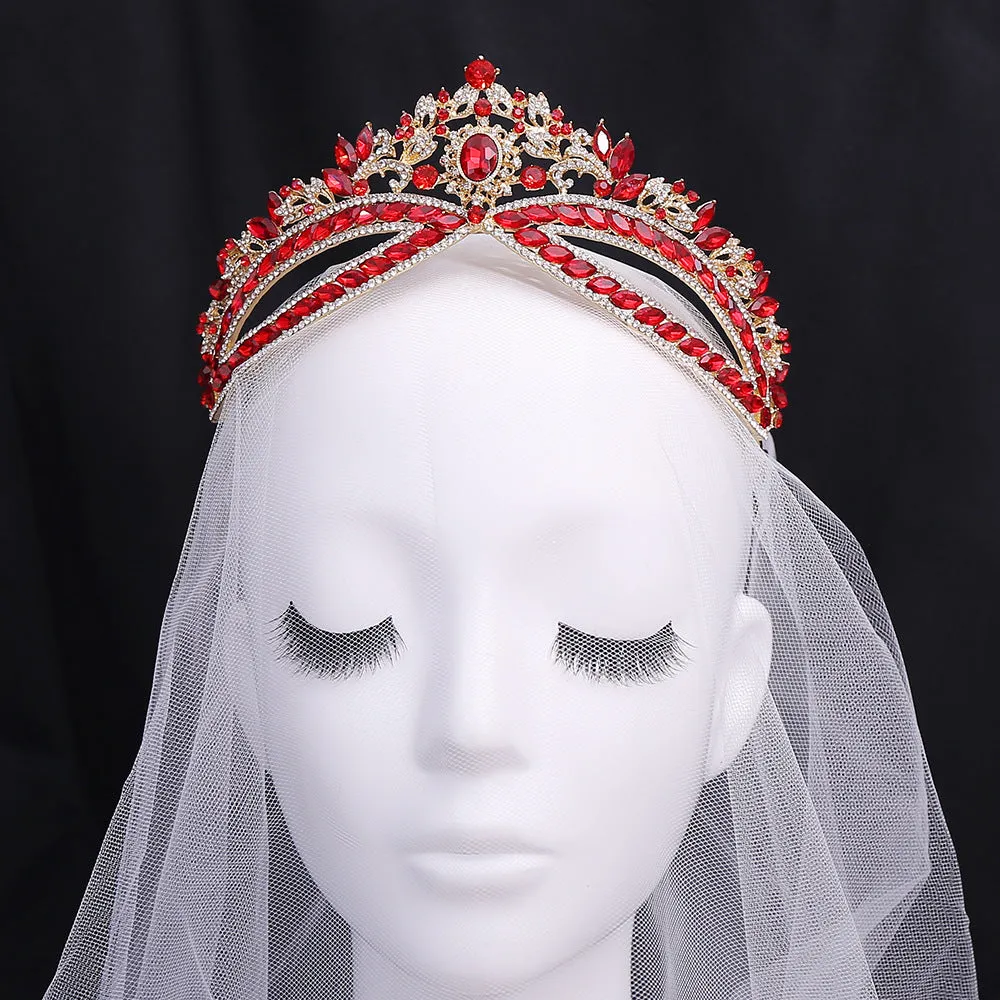 Wedding crown headdress with rhinestone and crystal in silver white finish on display