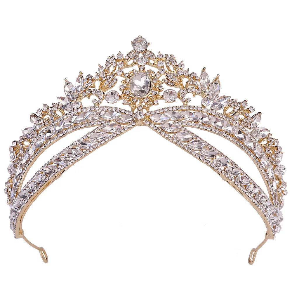 Wedding crown headdress with rhinestone and crystal in silver white finish on display