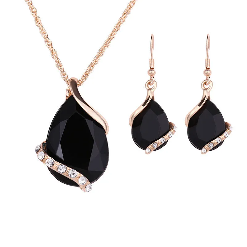 Water drop necklace and earring set alloy white gold inlay multiple colours
