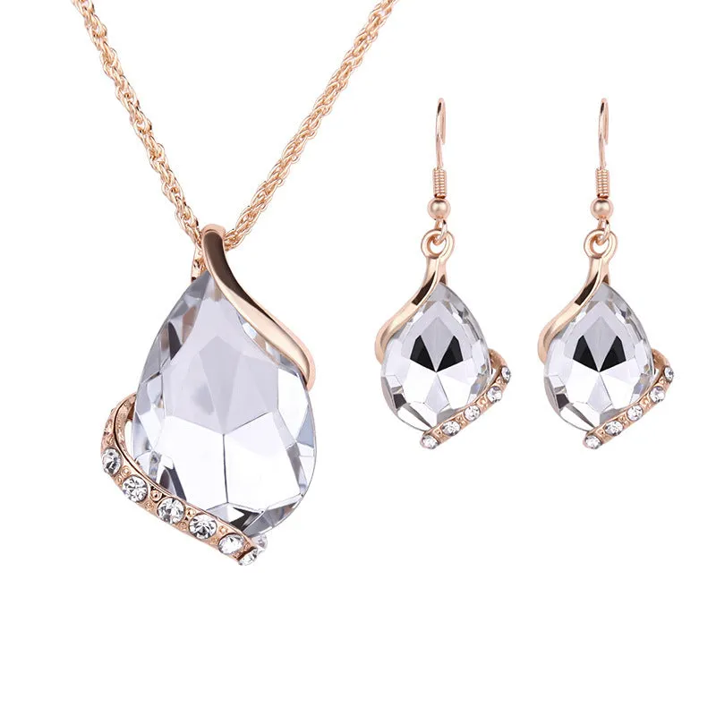 Water drop necklace and earring set alloy white gold inlay multiple colours