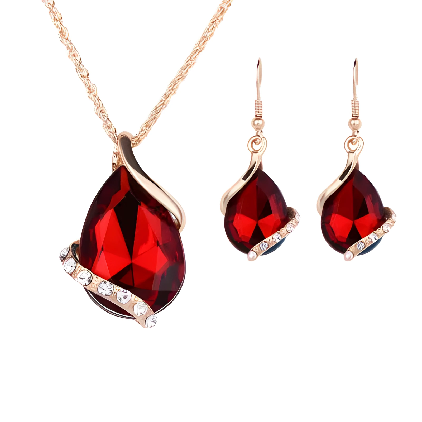 Water drop necklace and earring set alloy white gold inlay multiple colours