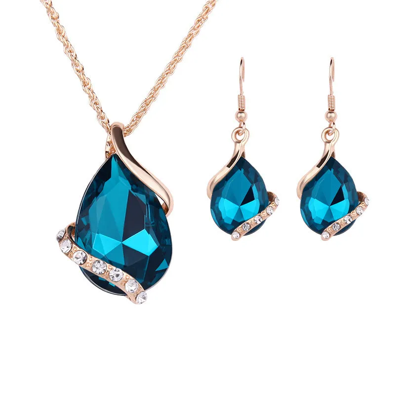 Water drop necklace and earring set alloy white gold inlay multiple colours
