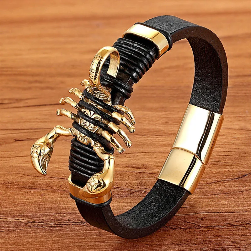 Titanium steel woven skeleton bracelet for men, scorpion design, 21cm length, gold colour