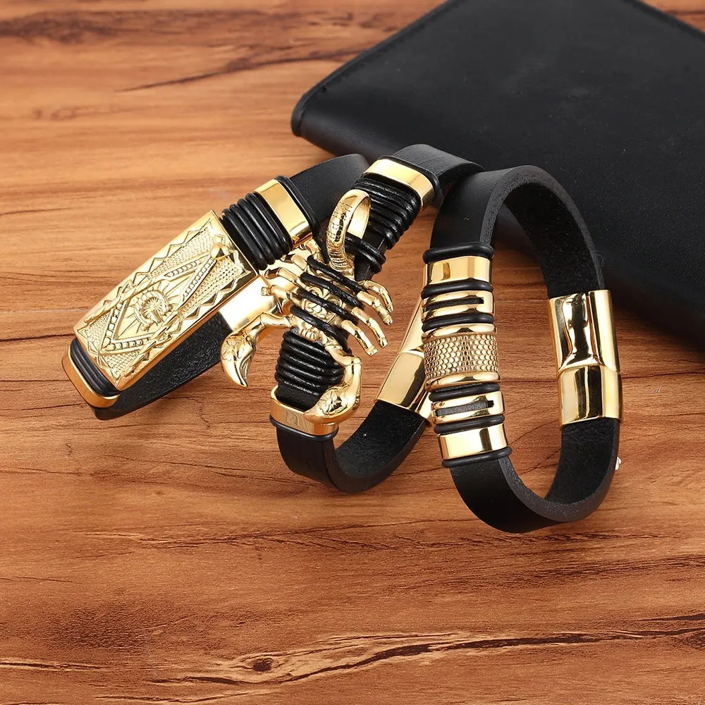 Titanium steel woven skeleton bracelet for men, scorpion design, 21cm length, gold colour