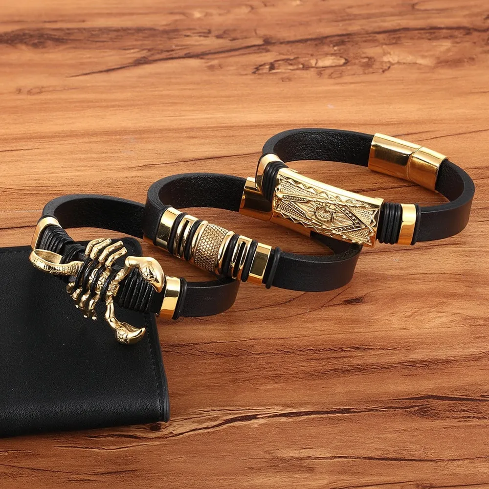 Titanium steel woven skeleton bracelet for men, scorpion design, 21cm length, gold colour