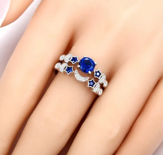 New creative moon ring for women with blue gem inlay diamond treatment silver tone